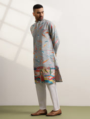 Men's Cotton Multicolor Abstract Embroidered Grey Long Kurta