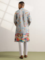 Men's Cotton Multicolor Abstract Embroidered Grey Long Kurta