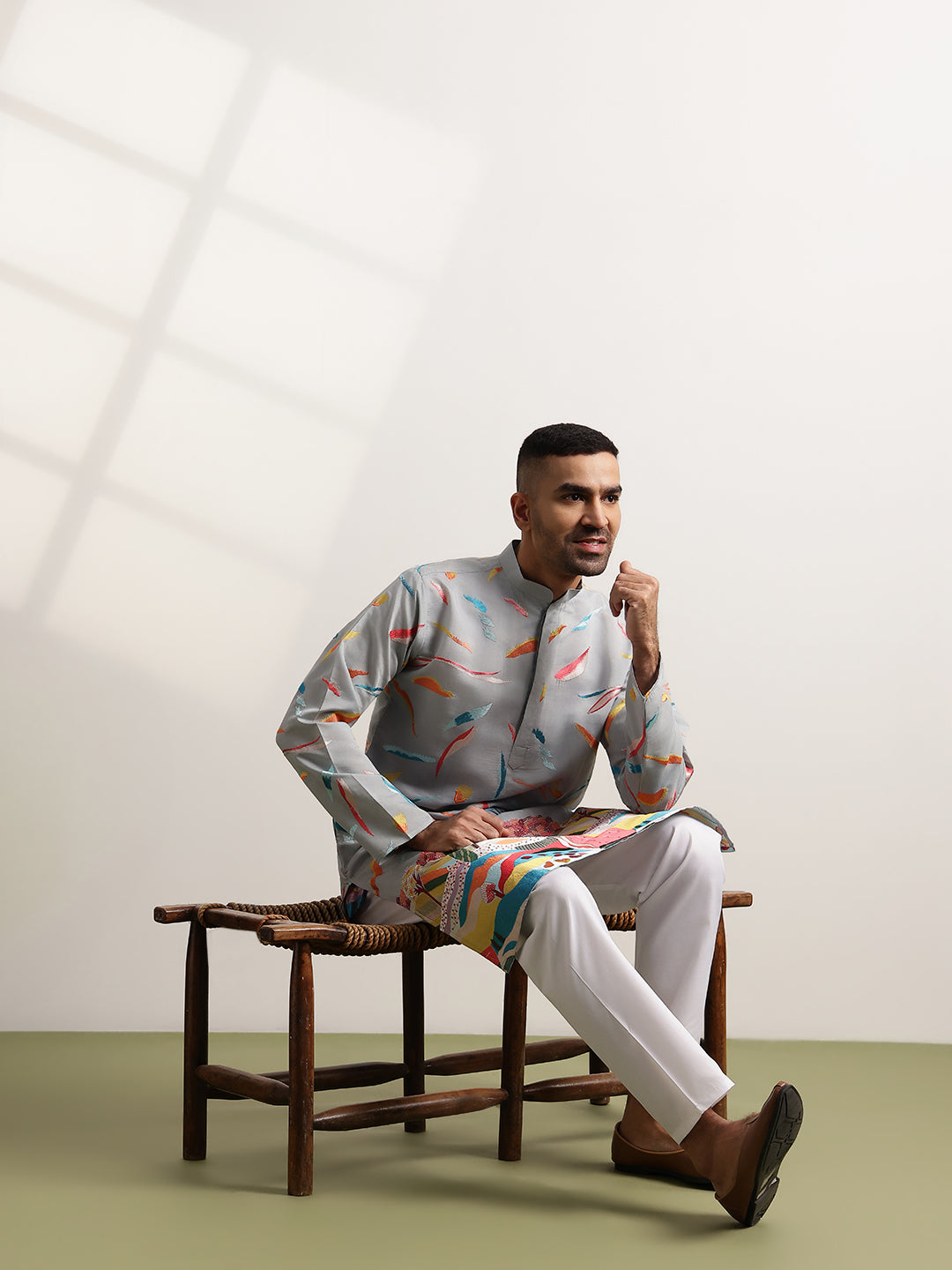 Men's Cotton Multicolor Abstract Embroidered Grey Long Kurta
