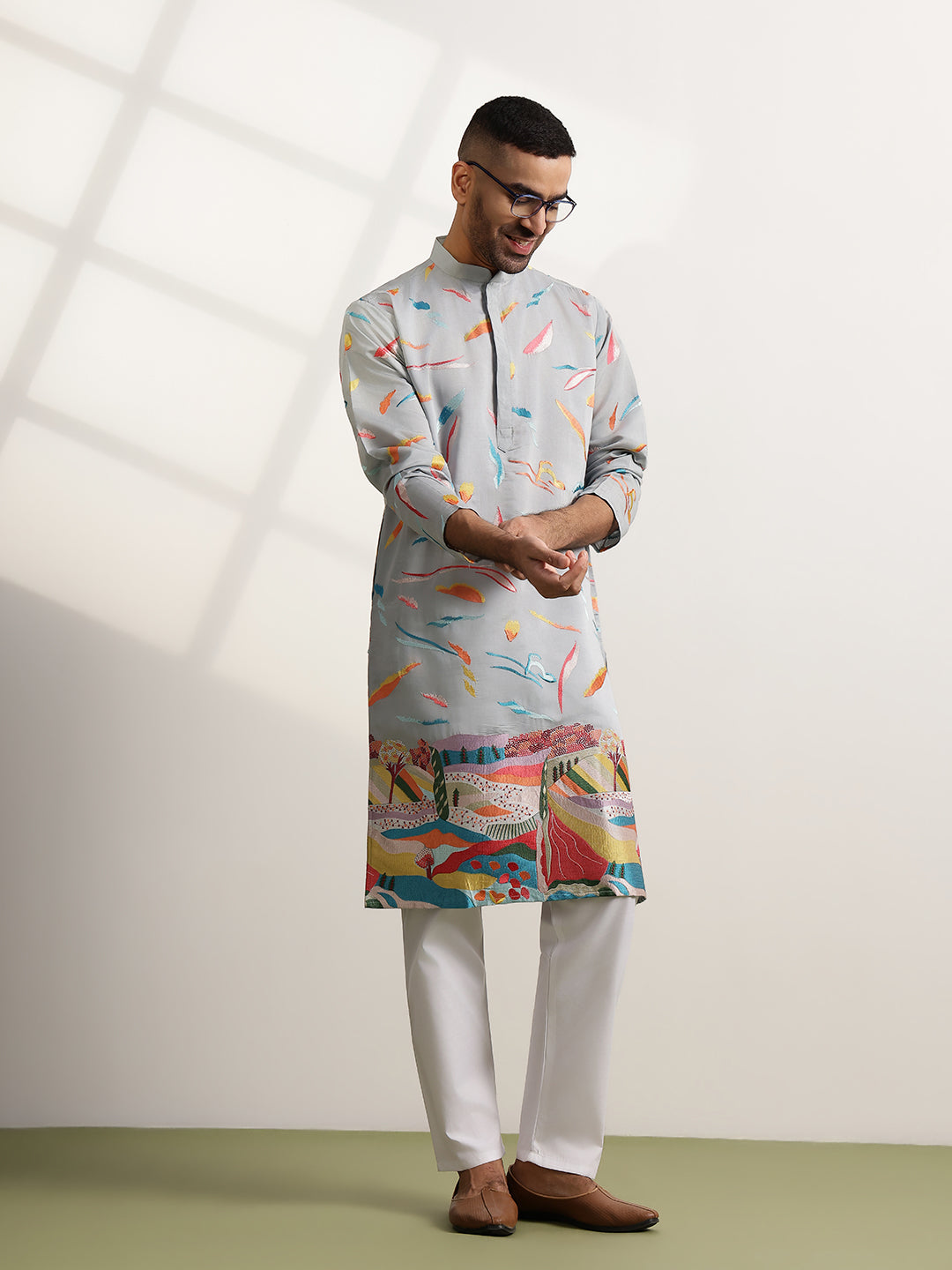 Men's Cotton Multicolor Abstract Embroidered Grey Long Kurta