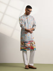Men's Cotton Multicolor Abstract Embroidered Grey Long Kurta