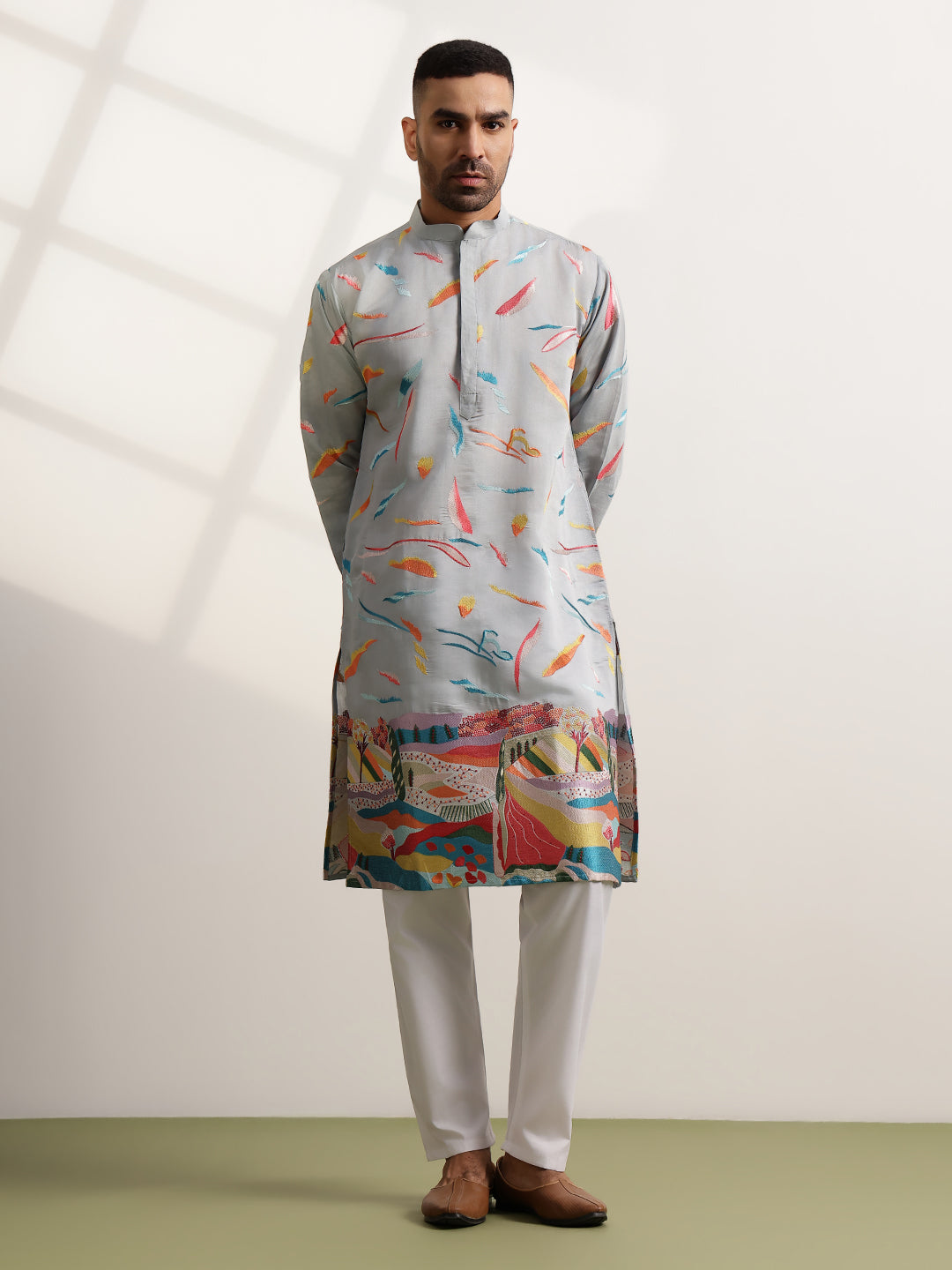 Men's Cotton Multicolor Abstract Embroidered Grey Long Kurta