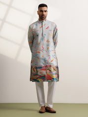 Men's Cotton Multicolor Abstract Embroidered Grey Long Kurta