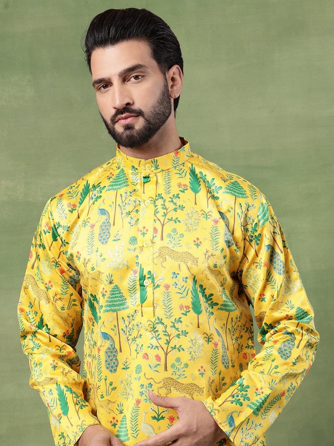 Men's Cotton Flora & Fauna Printed Mustard Long Kurta