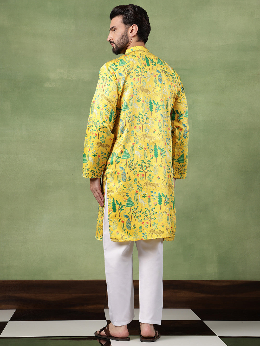 Men's Cotton Flora & Fauna Printed Mustard Long Kurta