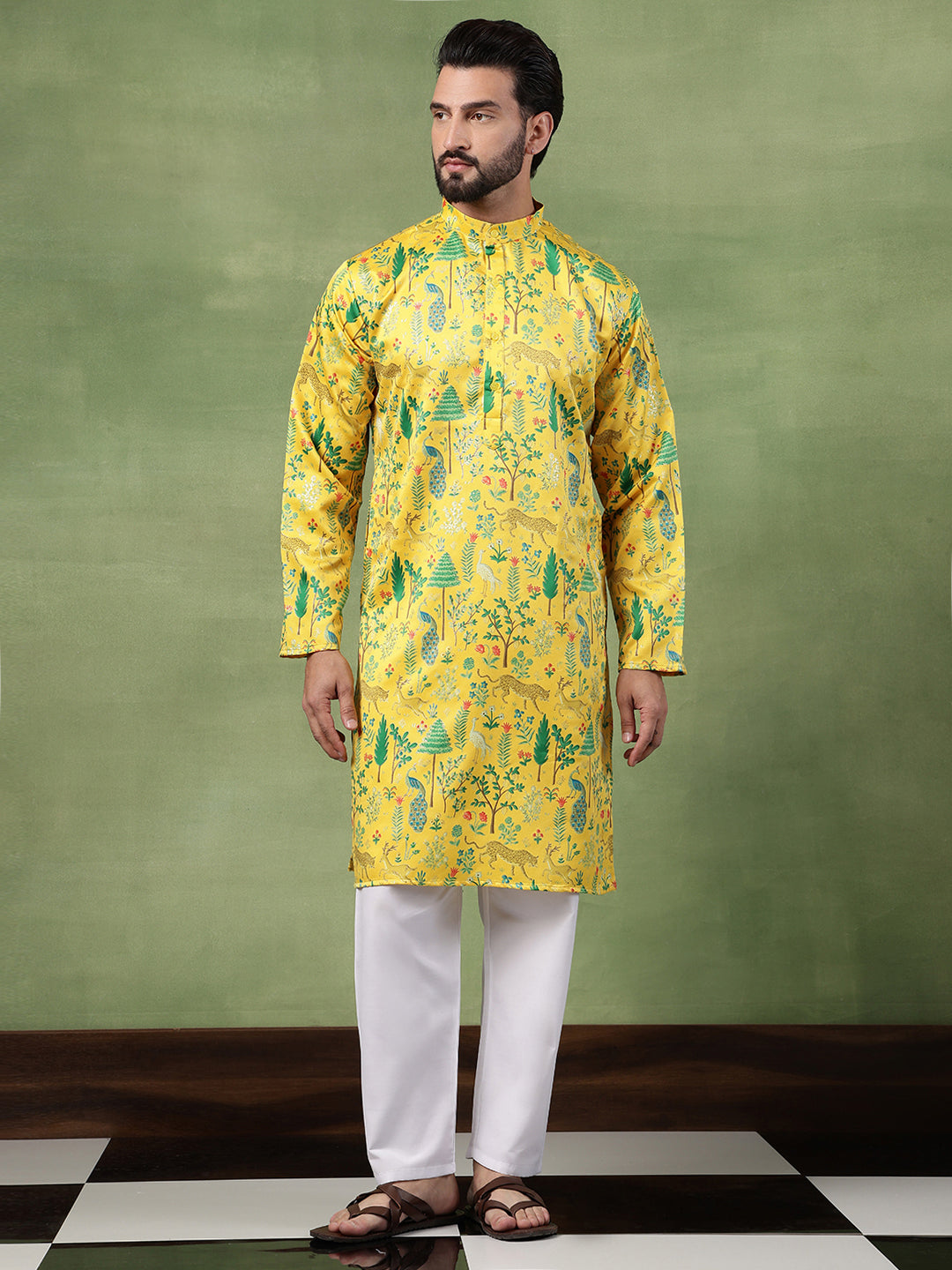 Men's Cotton Flora & Fauna Printed Mustard Long Kurta