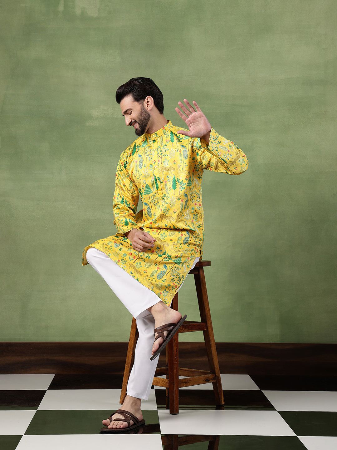 Men's Cotton Flora & Fauna Printed Mustard Kurta With White Pyjama