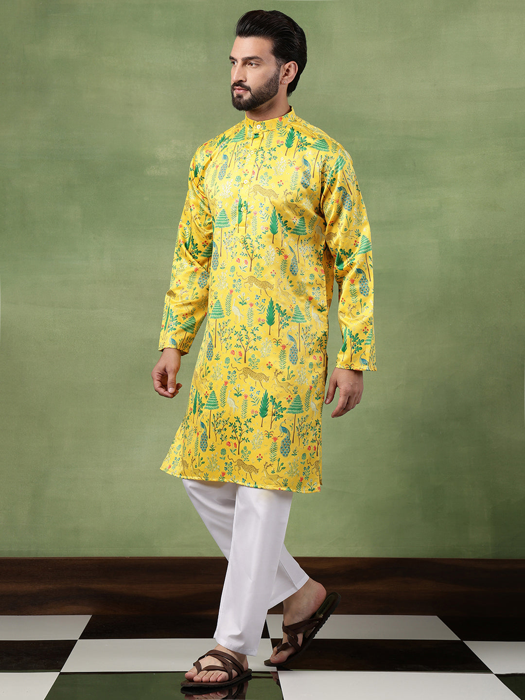 Men's Cotton Flora & Fauna Printed Mustard Kurta With White Pyjama