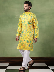 Men's Cotton Flora & Fauna Printed Mustard Kurta With White Pyjama