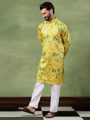 Men's Cotton Flora & Fauna Printed Mustard Kurta With White Pyjama