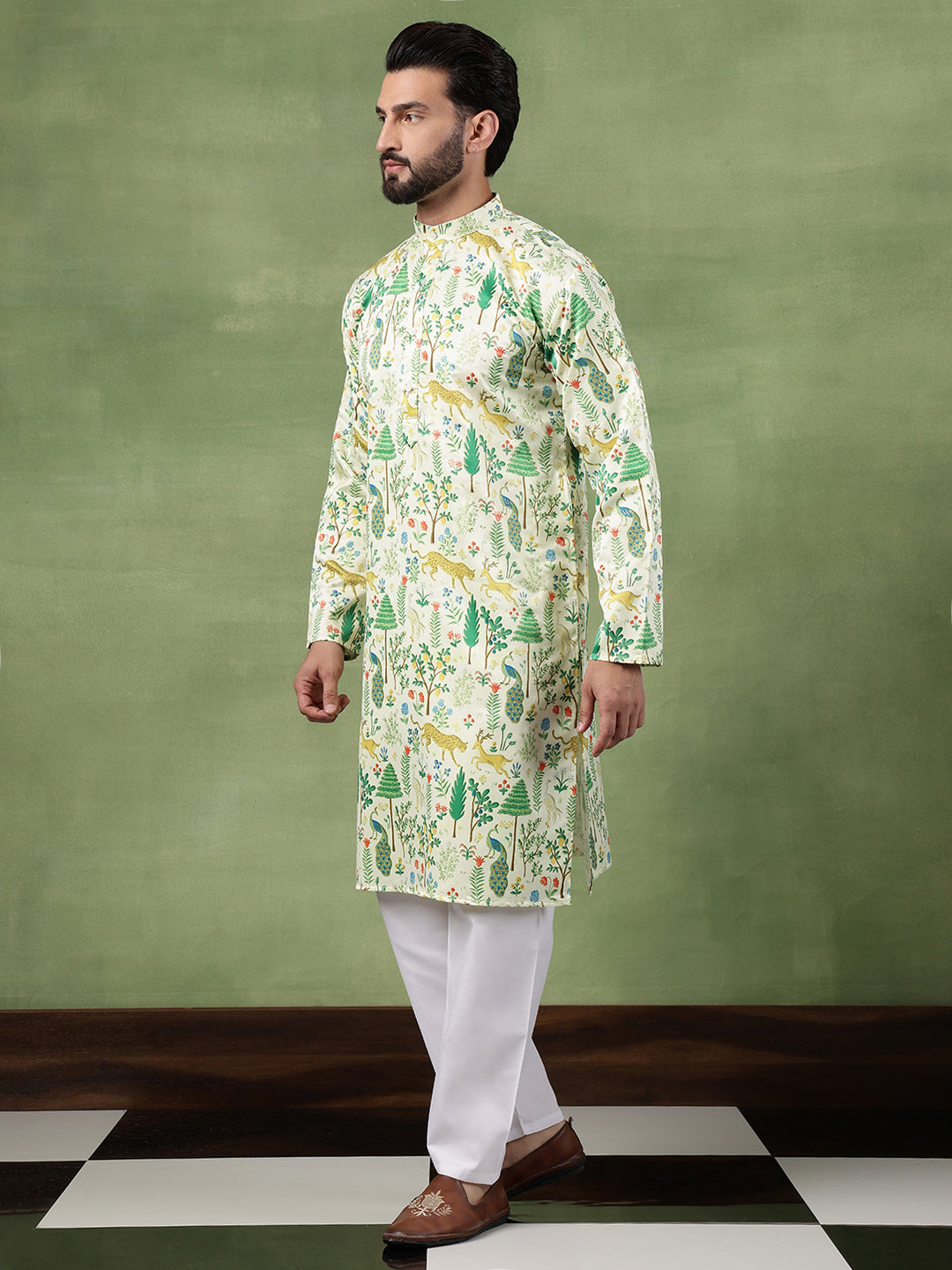 Men's Cotton Flora & Fauna Printed Lime Green Long Kurta