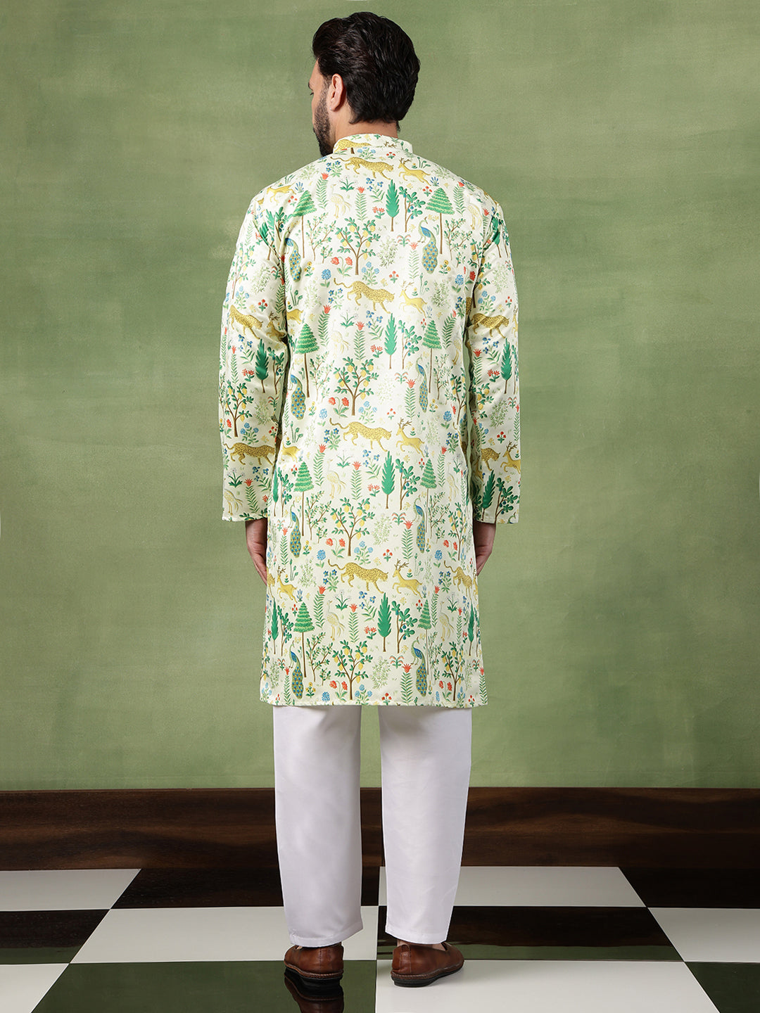 Men's Cotton Flora & Fauna Printed Lime Green Long Kurta