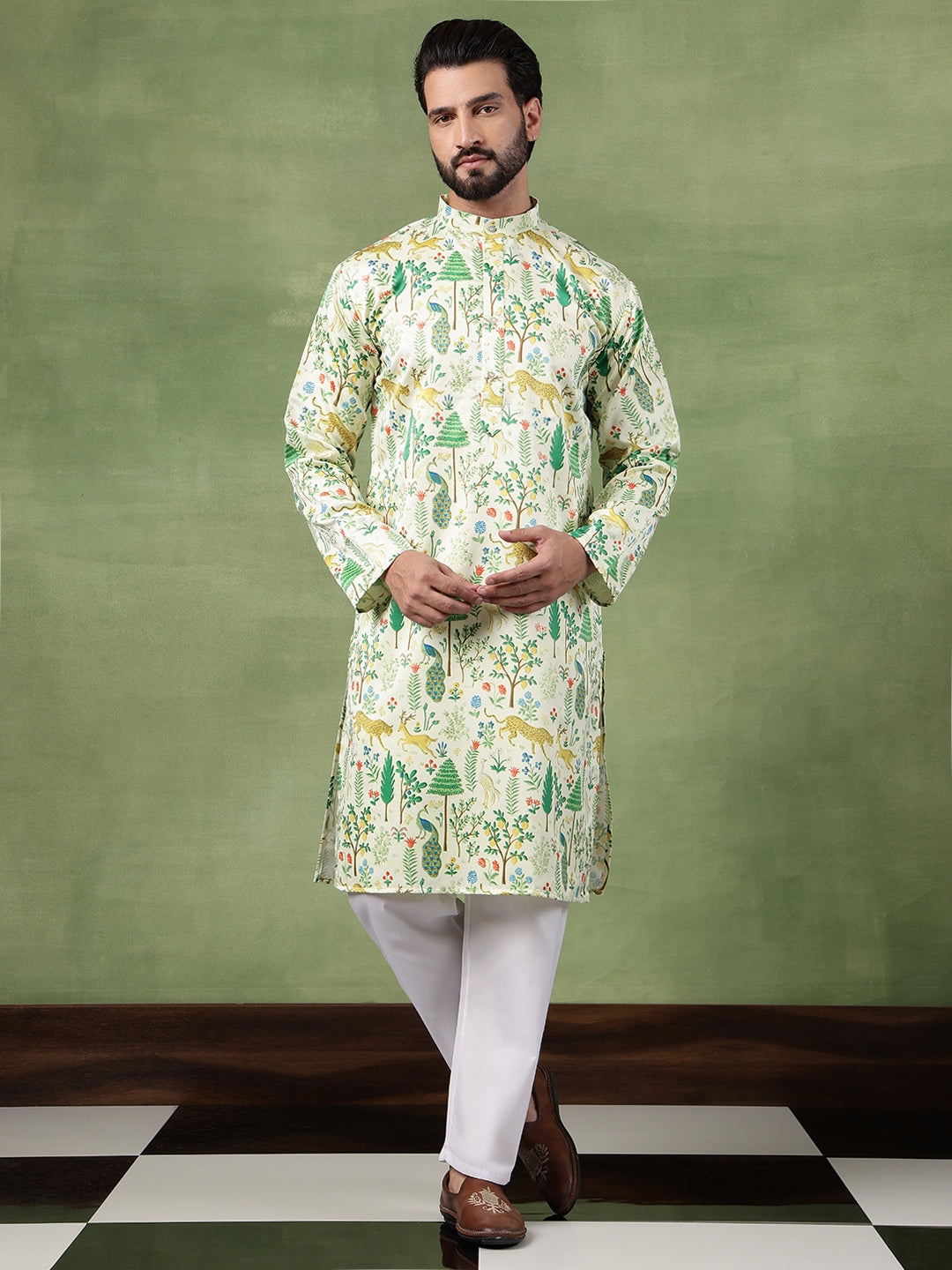 Men's Cotton Flora & Fauna Printed Lime Green Long Kurta