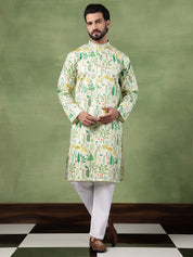Men's Cotton Flora & Fauna Printed Lime Green Long Kurta
