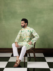 Men's Cotton Flora & Fauna Printed Lime Green Long Kurta