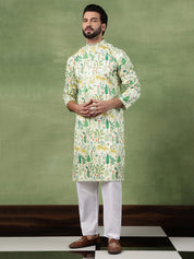 Men's Cotton Flora & Fauna Printed Lime Green Long Kurta