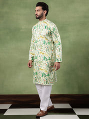 Men's Cotton Flora & Fauna Printed Lime Green Kurta With White Pyjama