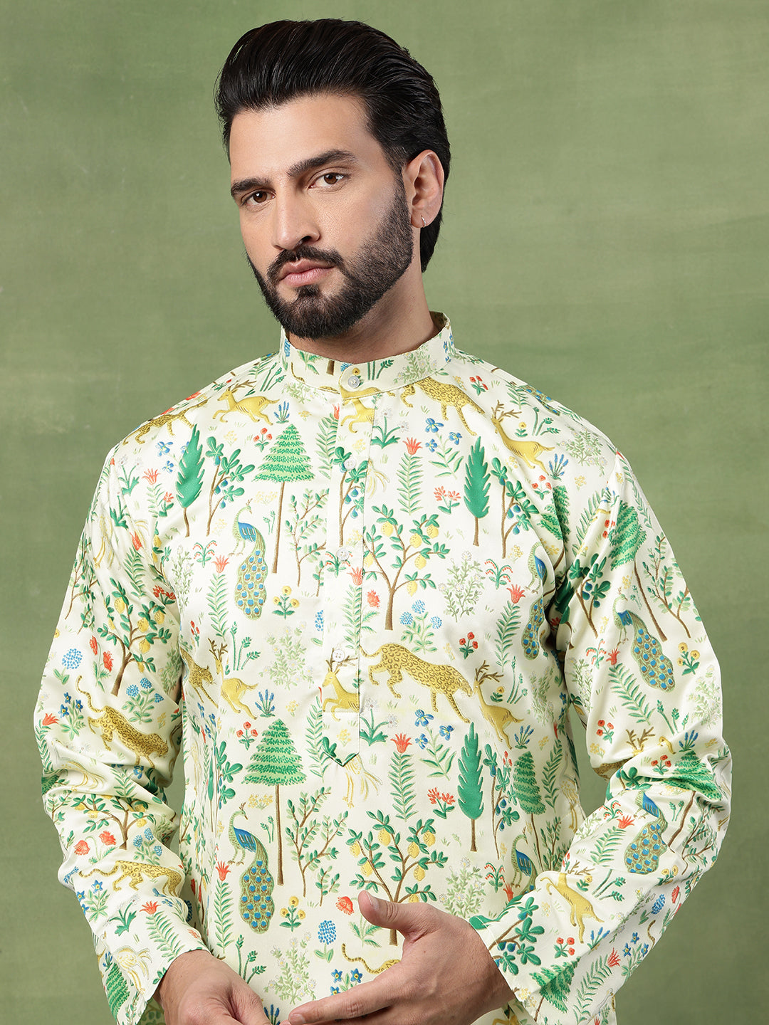 Men's Cotton Flora & Fauna Printed Lime Green Kurta With White Pyjama