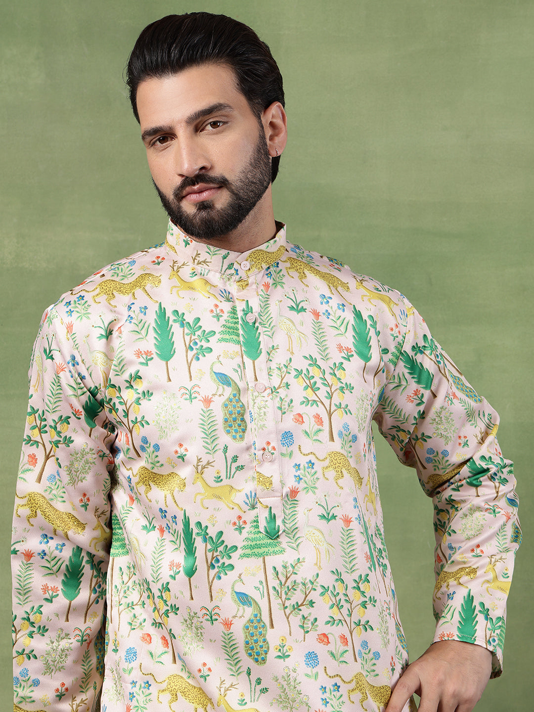 Men's Cotton Flora & Fauna Printed Pink Long Kurta