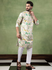 Men's Cotton Flora & Fauna Printed Pink Long Kurta