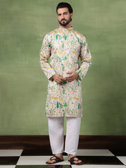Men's Cotton Flora & Fauna Printed Pink Long Kurta