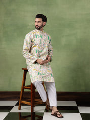Men's Cotton Flora & Fauna Printed Pink Long Kurta