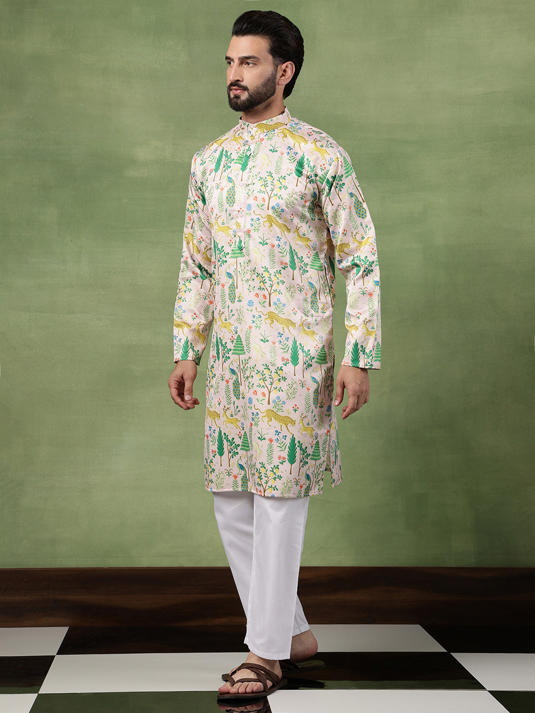 Men's Cotton Flora & Fauna Printed Pink Long Kurta