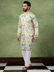 Men's Cotton Flora & Fauna Printed Mustard Kurta With White Pyjama