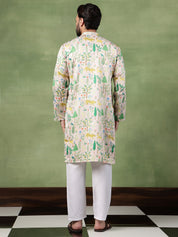 Men's Cotton Flora & Fauna Printed Mustard Kurta With White Pyjama