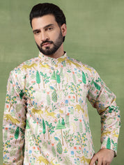 Men's Cotton Flora & Fauna Printed Mustard Kurta With White Pyjama