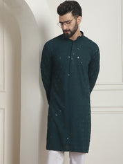 Men's Cotton Embroidered Sequinned Green Long Kurta