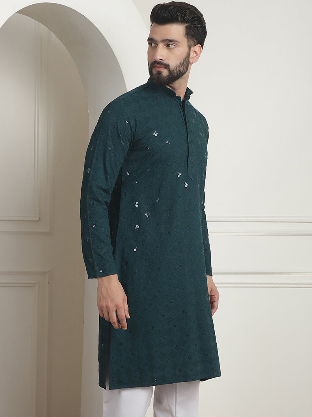 Men's Cotton Embroidered Sequinned Green Long Kurta