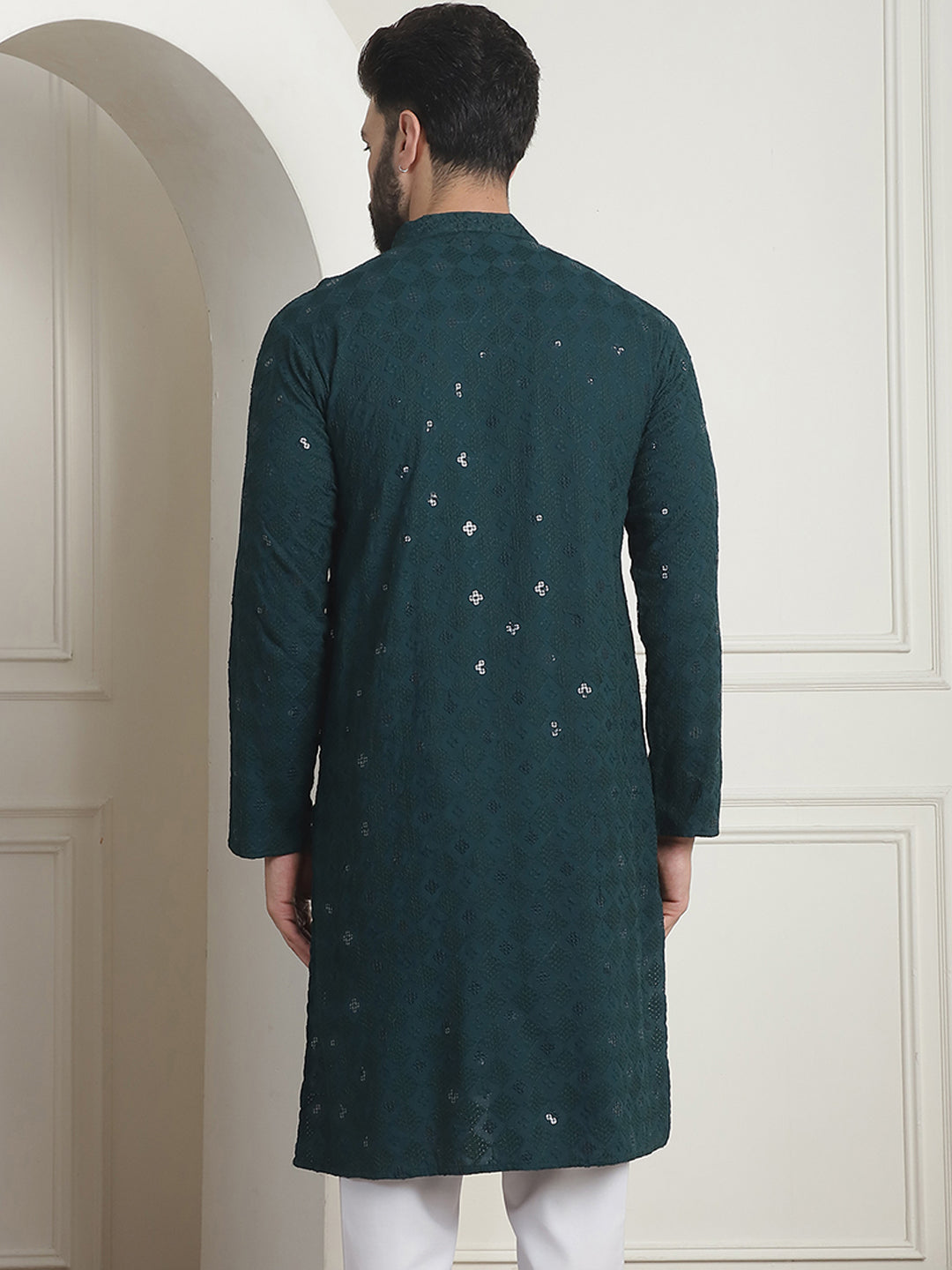 Men's Cotton Embroidered Sequinned Green Long Kurta