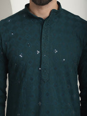 Men's Cotton Embroidered Sequinned Green Long Kurta