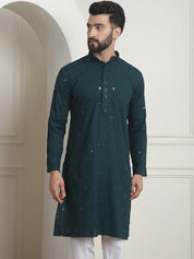 Men's Cotton Embroidered Sequinned Green Long Kurta