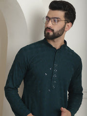 Men's Cotton Embroidered Sequinned Green Long Kurta