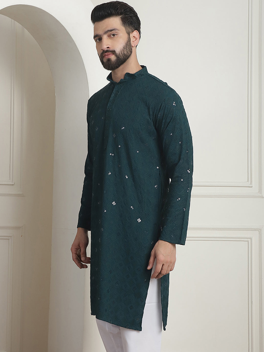 Men's Cotton Embroidered Sequinned Green Long Kurta