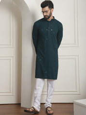 Men's Cotton Embroidered Sequinned Green Kurta with white Churidaar Pyjama