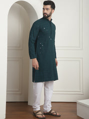 Men's Cotton Embroidered Sequinned Green Kurta with white Churidaar Pyjama