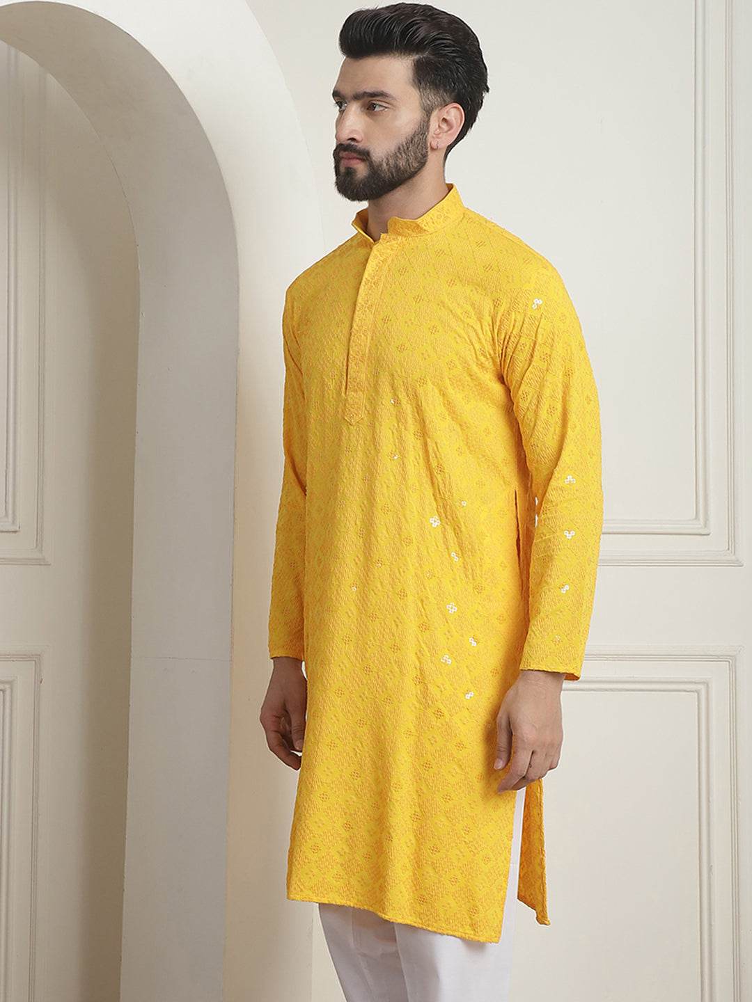 Men's Cotton Embroidered Sequinned Yellow Long Kurta