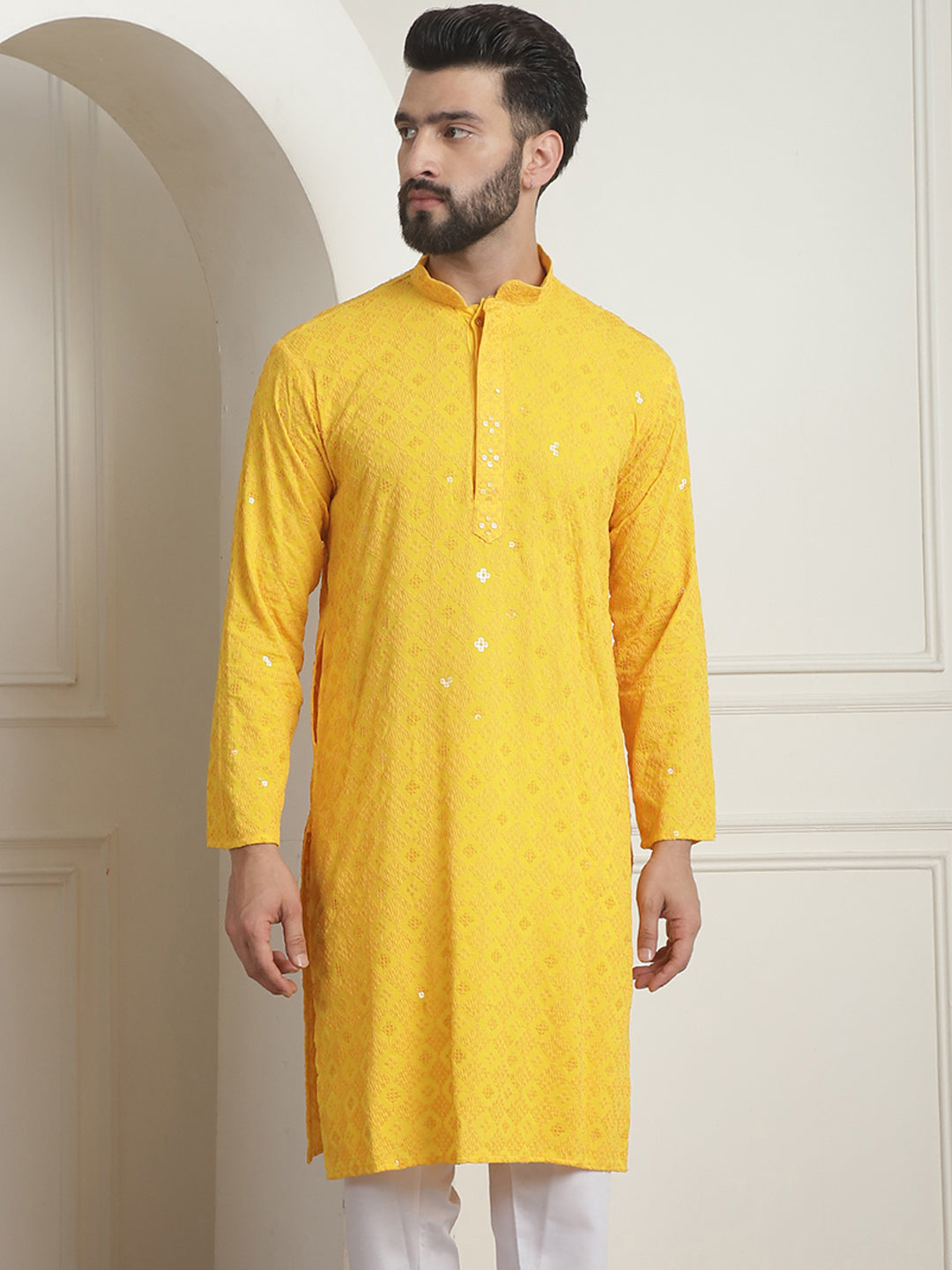 Men's Cotton Embroidered Sequinned Yellow Long Kurta