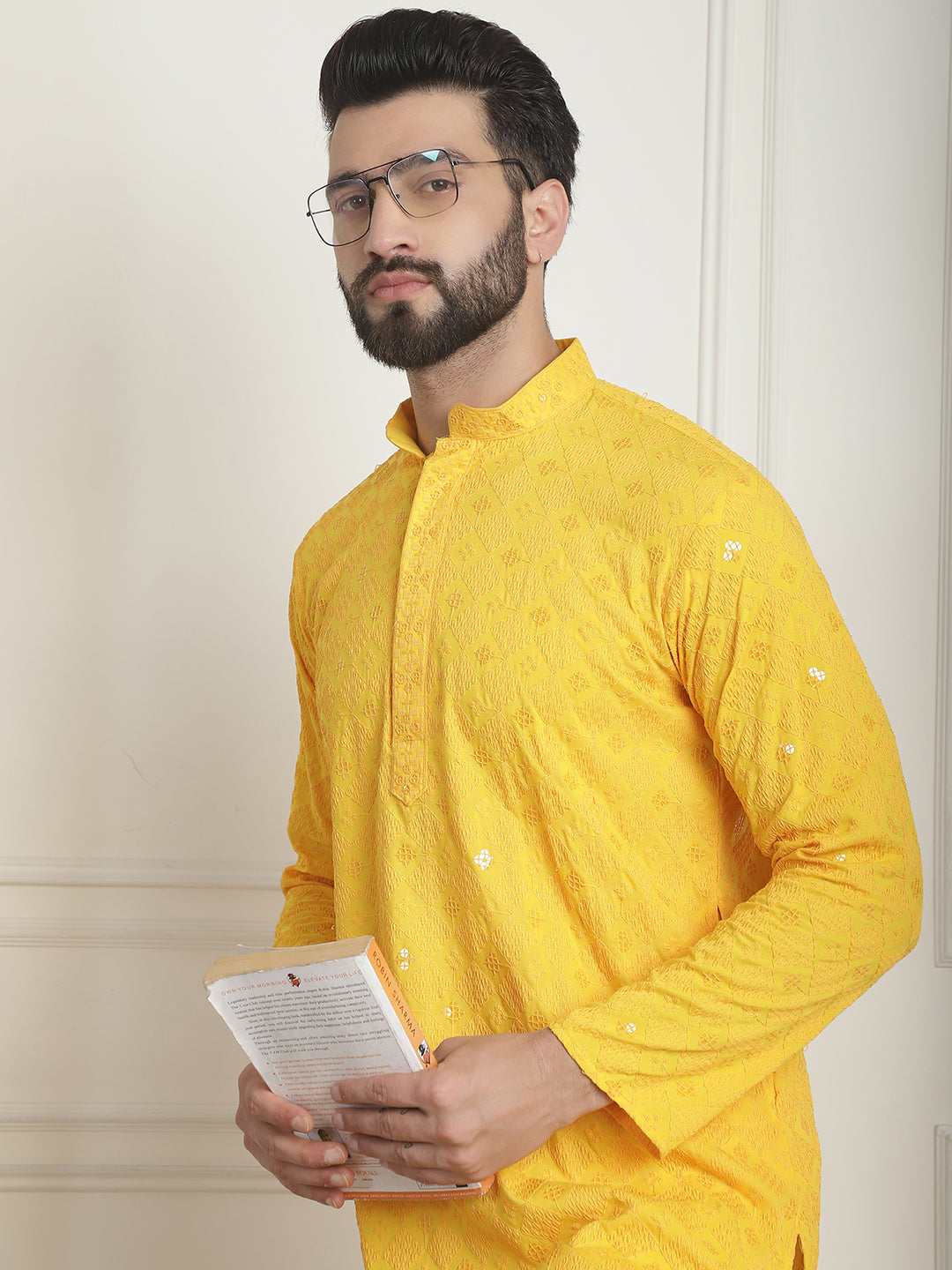 Men's Cotton Embroidered Sequinned Yellow Long Kurta