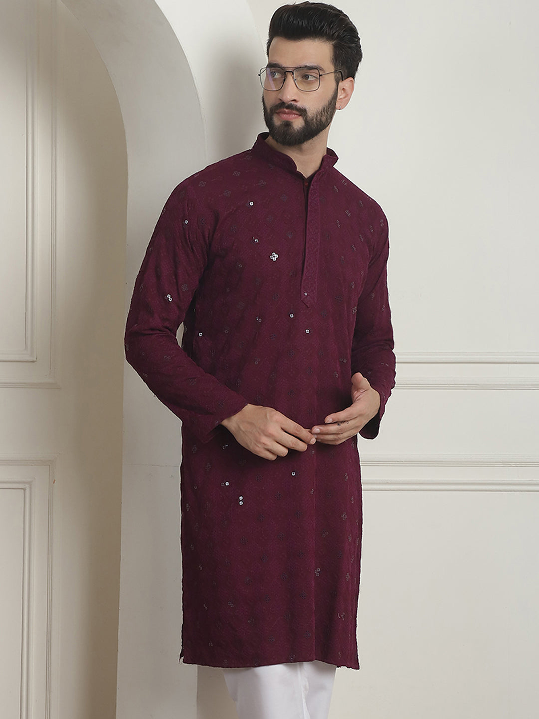 Men's Cotton Embroidered Sequinned Purple Long Kurta