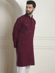 Men's Cotton Embroidered Sequinned Purple Long Kurta