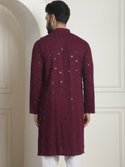 Men's Cotton Embroidered Sequinned Purple Long Kurta