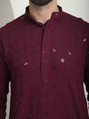 Men's Cotton Embroidered Sequinned Purple Long Kurta