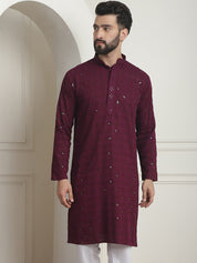 Men's Cotton Embroidered Sequinned Purple Long Kurta