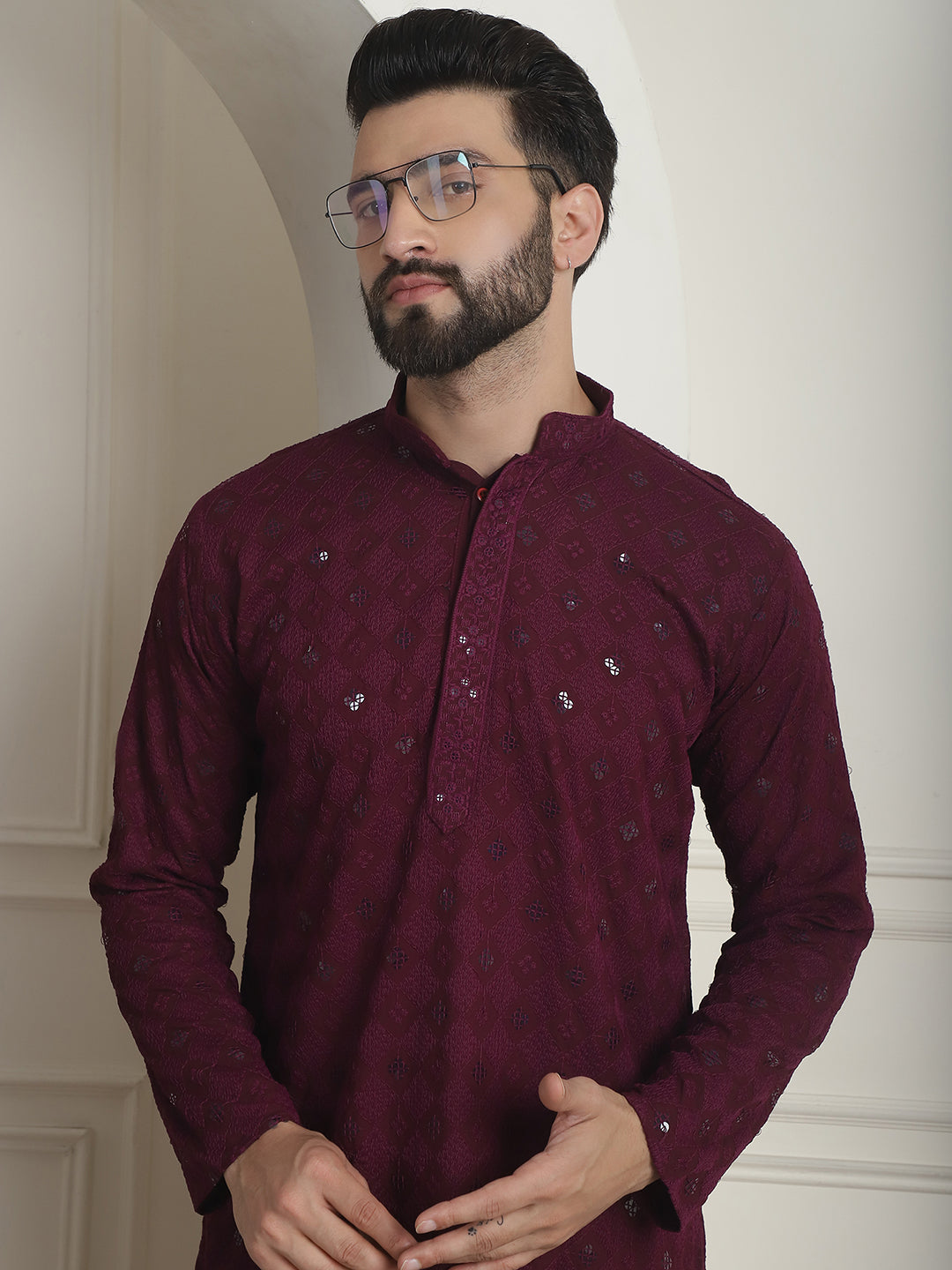 Men's Cotton Embroidered Sequinned Purple Long Kurta