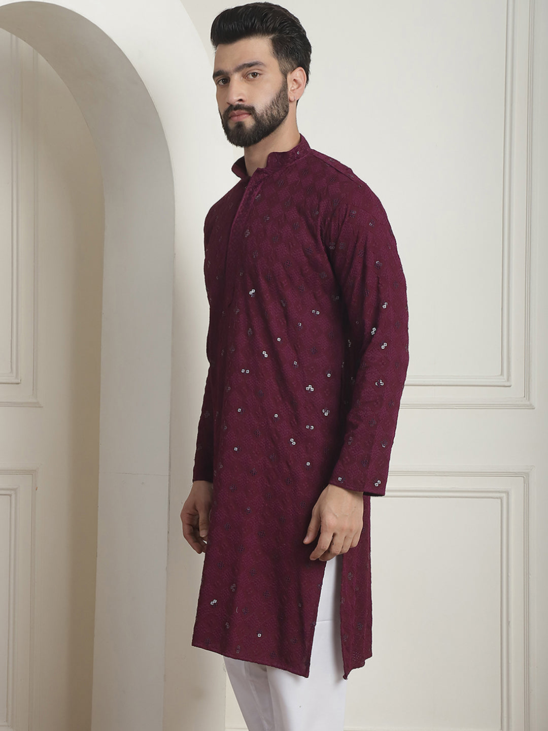 Men's Cotton Embroidered Sequinned Purple Long Kurta