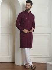 Men's Cotton Embroidered Sequinned Purple Kurta with white Churidaar Pyjama